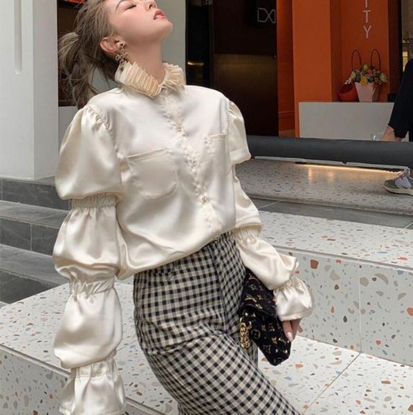 

ruffled sleeve shirts women solid color single breasted fashion loose blouse female korean elegant blusas mujer s786 women's blouses &, White