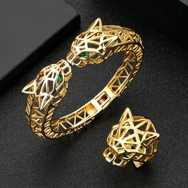 

earrings & necklace zlxgirl jewelry gold classic nigeria hollow leopard head bracelet ring set high-end wedding men bangle couple, Silver