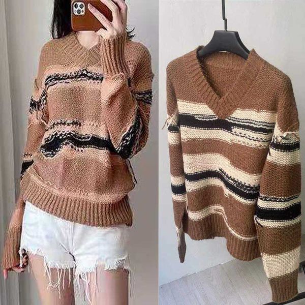 

women's thermal sweater 2021ac early spring irregular stripe t-shirt v-ne mohair pullover slouchy wind loose female, White;black