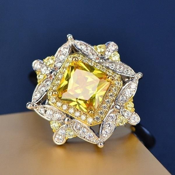 

wedding rings wyjzy luxury yellow zircon ladies engagement ring classic exaggerated micro-inlaid fine jewelry, Slivery;golden