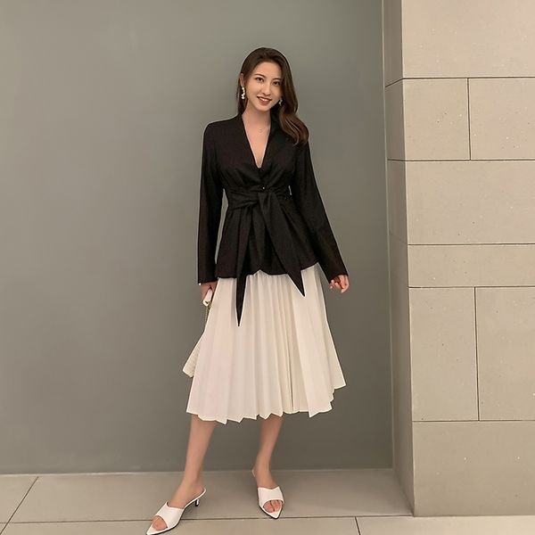 

elegant women blazer jacket autumn female long sleeve bow slim lace up coat fashion office ladies solid blazers 210608, White;black