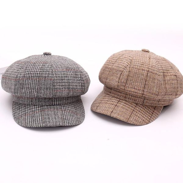 

hat lady autumn and winter octagonal woolen plaid berets, Blue;gray