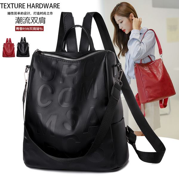 

bag backpack multipurpose female 2021 soft leather fashion college large capacity one shoulder handbag, Black;red