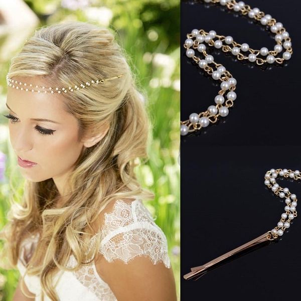 

hair clips & barrettes women imitation pearl tiara boho chic bridal head chain accessories jewelry hairpin hairband for wedding po party, Golden;silver