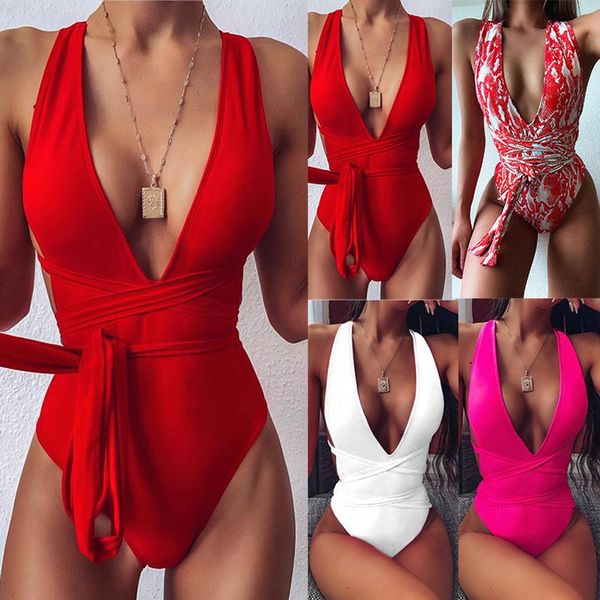 

one-piece suits one piece suit deep v swimsuit laced band female bodysuit removable padding women swimwear 2021 multiple tie solid mono
