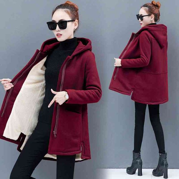 

plush sweater women's hooded 2021 autumn winter new clothing korean loose thickened cotton coat medium and long cardigan, Black