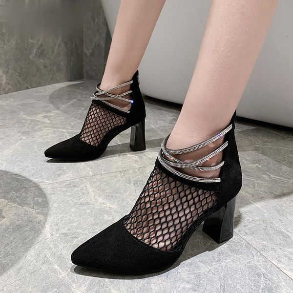 

classic sandals fashion black air mesh boots women summer square heels crystal lady breathable shoes mujer zapatos
