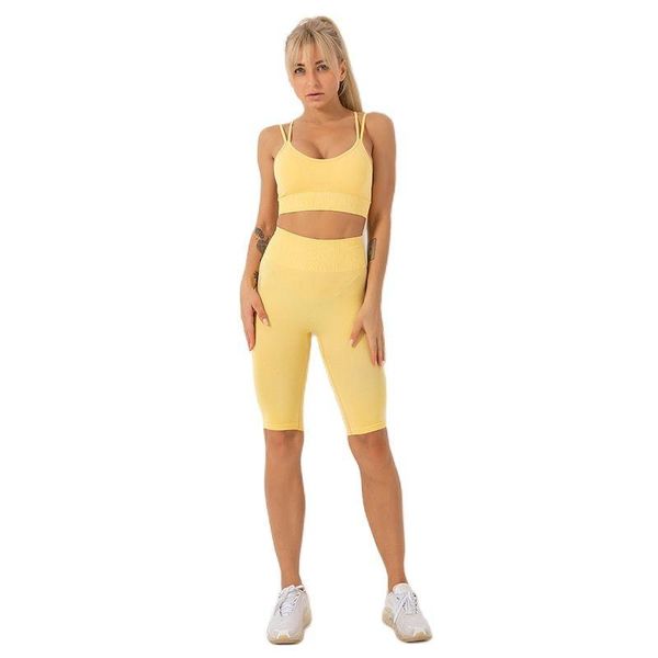 

yoga outfit quick-drying seamless vest and shorts two-piece sports fitness suit running clothes set yellow