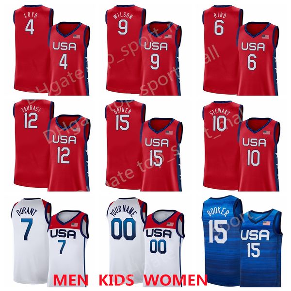 Donne US Basketball Summer 15 Brittney Griner Jersey 10 Breanna Stewart 4 Jewell Loyd 9 A'ja Wilson 6 Sue Bird 12 Diana Taurasi USA Rosso Uomo Donna