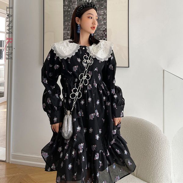 

women black mesh prniting dress peter pan collar long sleeve loose fit fashion tide spring autumn 2f0163 210507, Black;gray