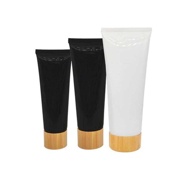 

natural bamboo lid clear soft tube cosmetic hand facial cream squeeze shampoo lotion refillable bottles cap storage & jars