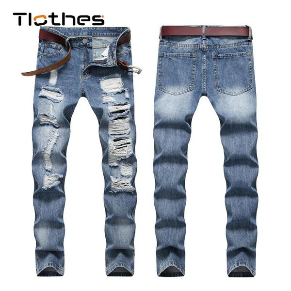 

men's jeans streetwear ripped men biker stretch hole denim pants slim fit motorcycle mens trousers slacks, Blue