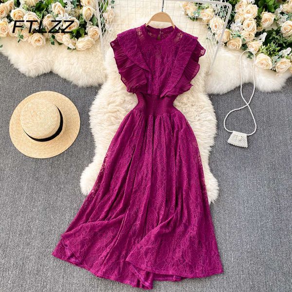 

women vintage dress summer sleeveless slim high waist a line lace es ladies ruffles elegant party vestidos mujer 210602, Black;gray