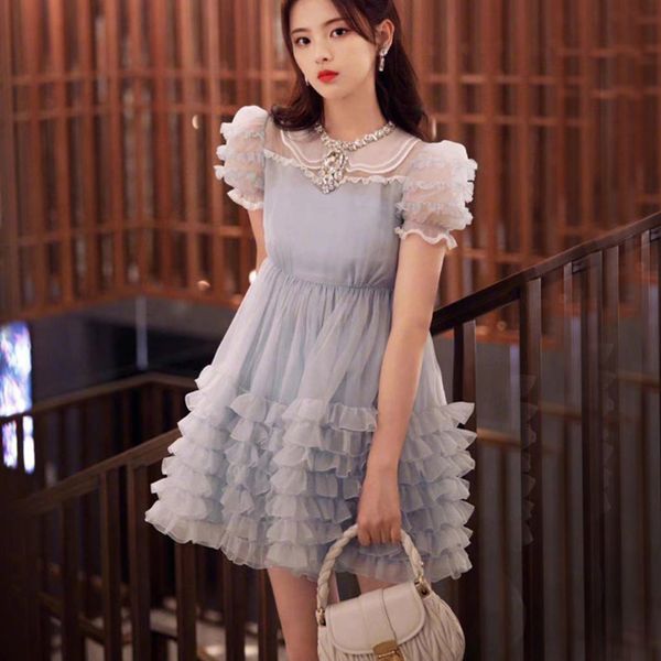 

casual dresses 2021 summer elegant vintage mini party women sleeve diamond mesh princess fairy es robe femme mbsb, Black;gray