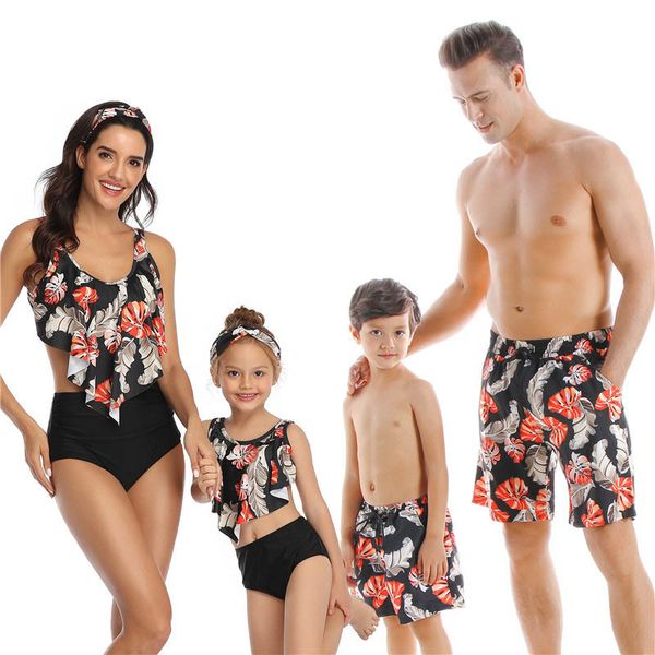 

family matching swimwear floral swimsuit mother daughter bikini beachwear swimming trunks men kids bathing suit 210429, Blue