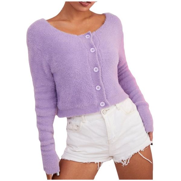 

women's knits & tees simple casual knitted cardigan female sweater autumn winter loose knit basic purple button comfort top, White