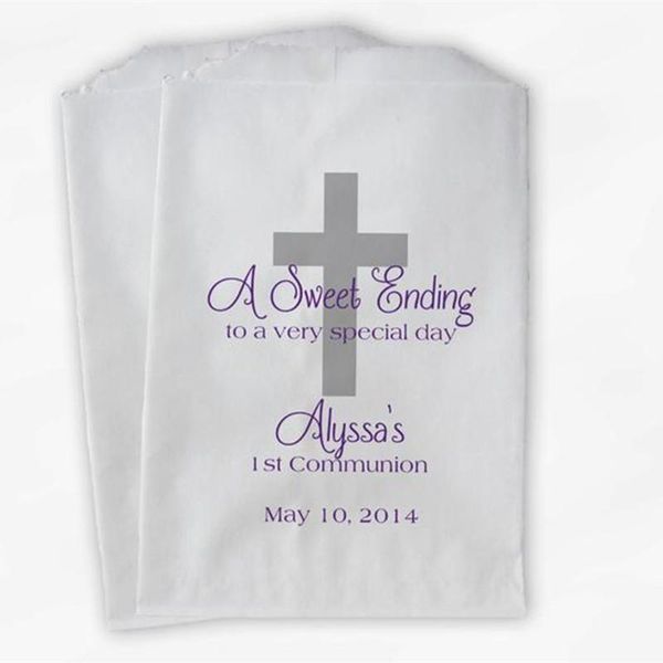 

gift wrap custom first communion favor bags - baptism or religious party silver and purple paper treat