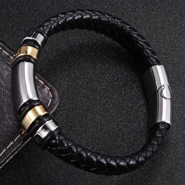 

fashion men jewelry black braided leather wrist bracelet magnetic buckle bangles punk rock accessories male wristband sp0988 charm bracelets, Golden;silver