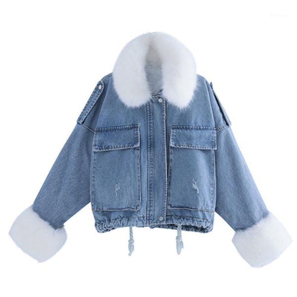 

women's down & parkas women cotton short coat winter korean fashion loose thick plush liner large fur collar denim solid color pie over, Black