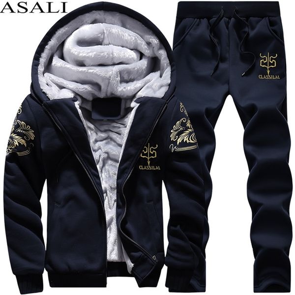 

thicken men tracksuit set cardigan winter fleece hood jacket+pants sweatshirts male 2 piece sets hoodies sporting suit coat 220308, Gray