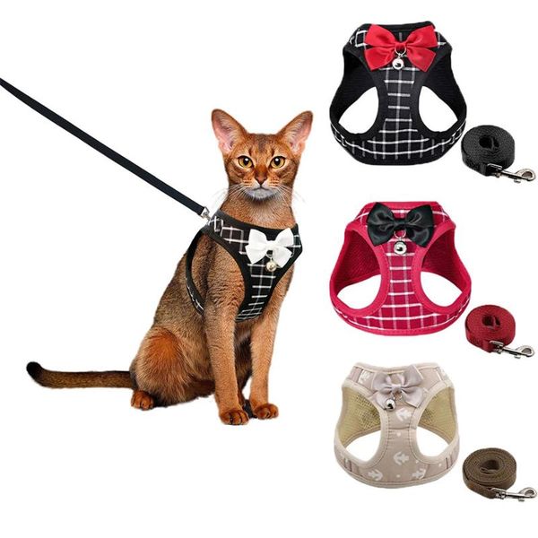 

cat collars & leads nylon harness mesh breathable dog harnesses set with bell cute bowknot adjustable and leash accessories
