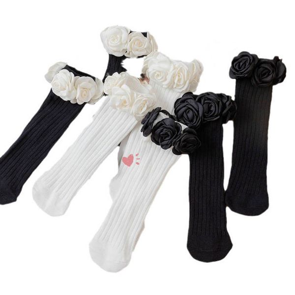 

kids socks girls knee high sock cotton children accessories autumn winter stocking flowers princess baby clothes 1-12y b8850, Pink;yellow