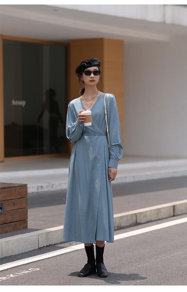 

v-neck wrap dress, one-piece lace-up, comfortable cotton, all-match design, western style dress casual dresses, Black;gray