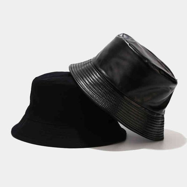 

bucket hat faux leather reversible fisherman hats pu cotton waterproof fishing caps solid mens and womens fashion panama, Blue;gray