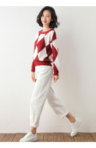 

women's sweaters round necksweater women 2021 autumn and winter fashion diamond plaid knitted sweater color matching bottoming shirt, White;black