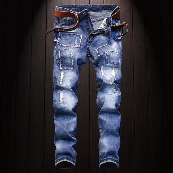 

men's jeans causal washed trousers slim straight denim pants, Blue