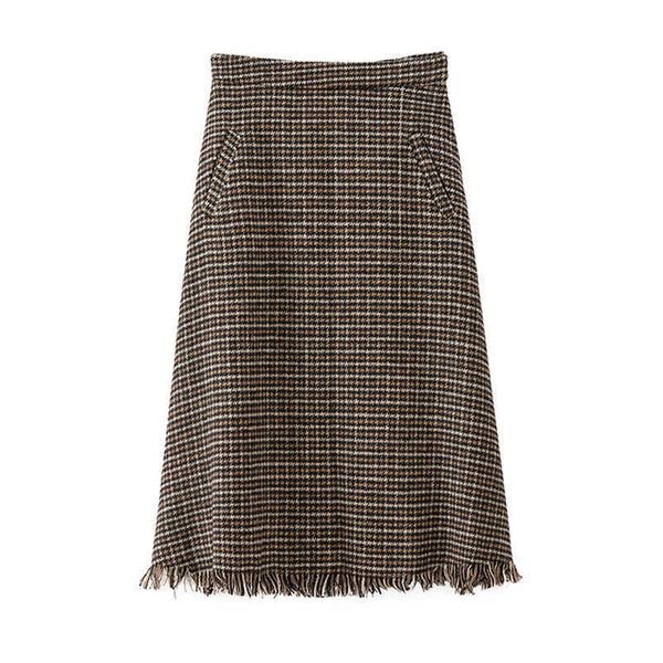 

perhaps u khaki plaid faux woolen knee length a-line skirt tassel zipper vintage elegant fall winter s0289 210529, Black