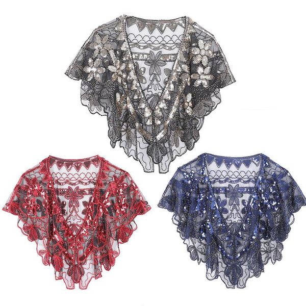 

scarves sequined crochet lace mesh shrug bolero floral fashion elegant red blue gold silver  women shawl 9938, Blue;gray