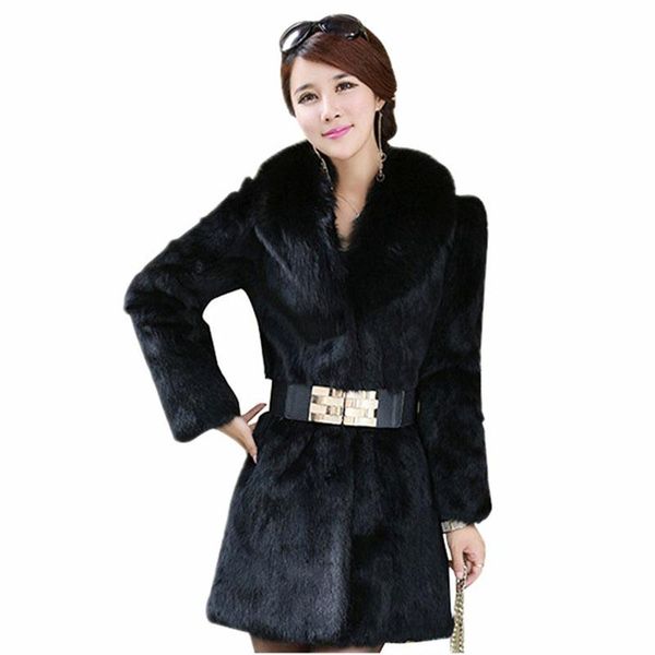

women's leather & faux 2021 long section real fur coat natural collar warm winter, Black