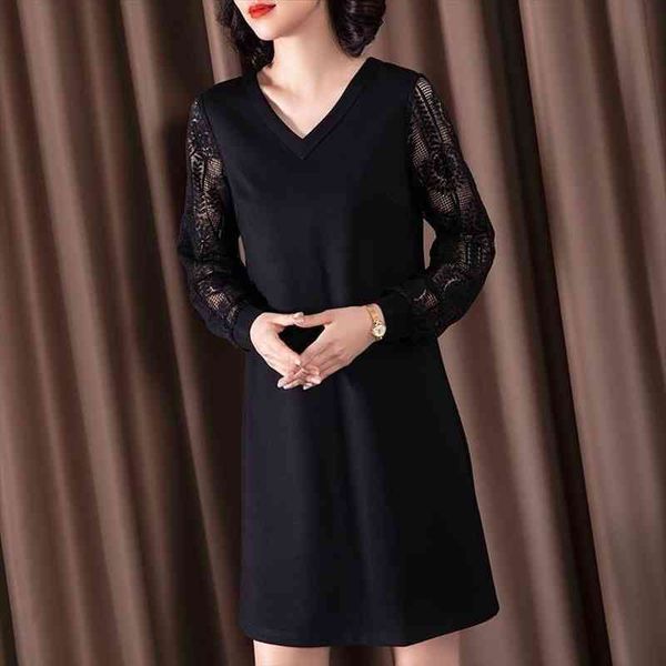 

autumn winter v neck womens dress lace long sleeve splicing casual loose midi female chic black straight dresses, Black;gray