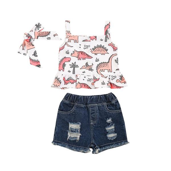 

clothing sets kids baby girls 3pcs outfit summer set sleeveless cartoon print vest +ripped denim shorts+headband outfits, White