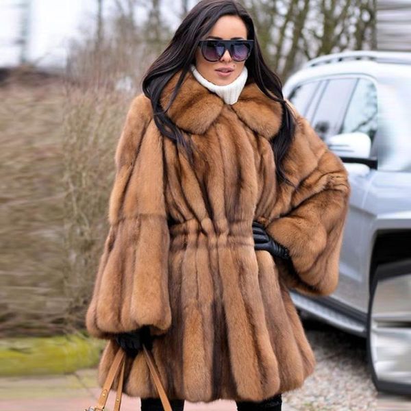 

women's fur & faux fashion women real mink coat medium length coffee color genuine jacket lapel collar skirt bottom design outwear, Black