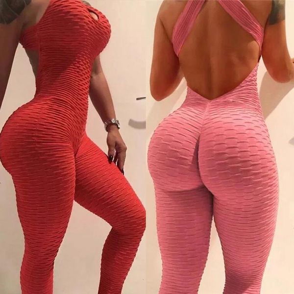

women's leggings 2021 halter women tracksuit jumpsuit high waist play suit slim sport backless running sportswear pants push up, Black