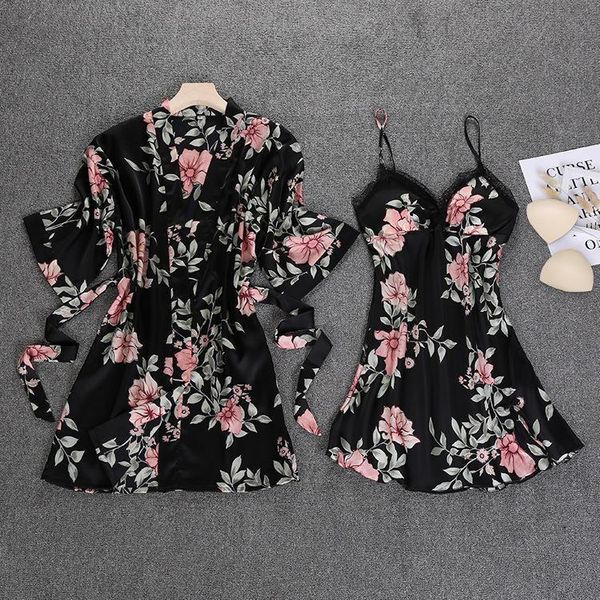 

Black Spring Women Sleepwear Womens 2Pcs Robe Suit Casual Home Wear Pajamas Sexy Strap Nightwear Sleep Kimono Gown Sets, Black;red