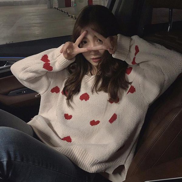 

women's sweaters harajuku cute heart embroidery women sweater 2021 long sleeve lovely o-neck female thick sueter de mujer, White;black