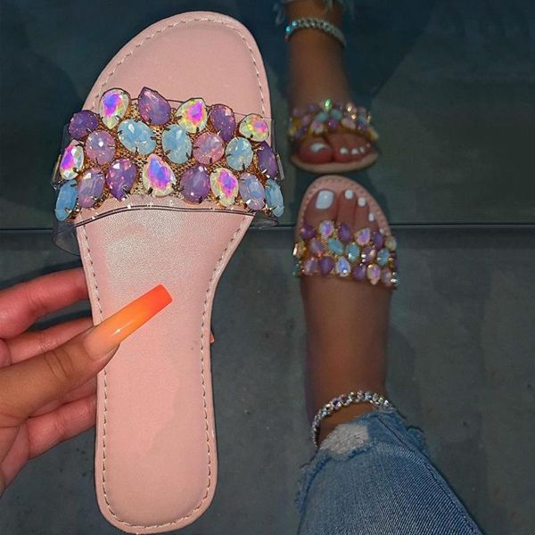 

slippers luxury diamond ladies summer shoes flats 2021 female casual slides for holiday rhinesotone women, Black