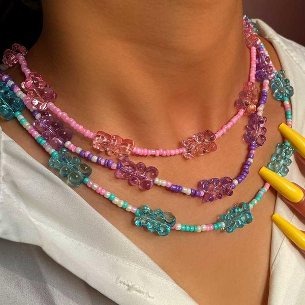

chokers just feel rainbow color resin bear gummy beads chain necklace for women handmade beaded choker 2021 trendy jewelry, Golden;silver