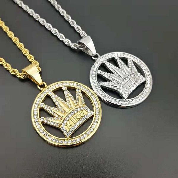 

pendant necklaces hip hop crown king & for men women gold color lphabets cubic zirconia iced out jewelry gifts, Silver