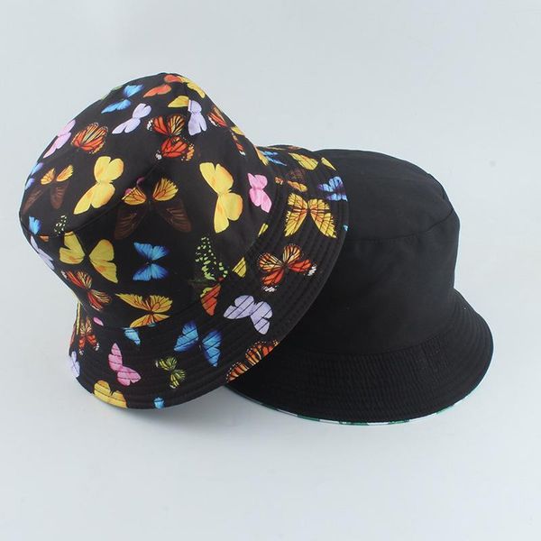 

butterfly print double-sided fisherman hat leisure bucket summer sun hats for women men gorro outdoor beanies