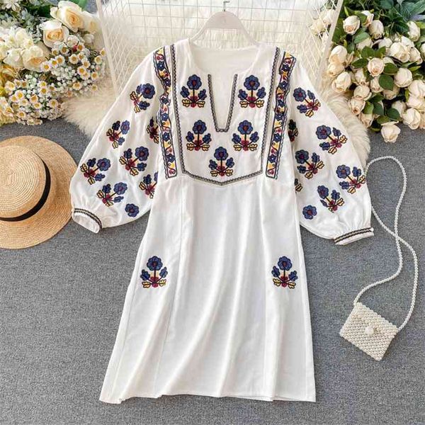

women's summer dress retro bohemian embroidered puff sleeve v-neck loose short female es gx065 210507, Black;gray