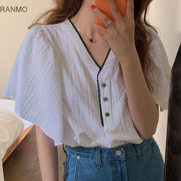 

women's blouses & shirts south korea chic summer gentle age reduction v-neck three button lace edge contrast loose sleeve shirt top, White