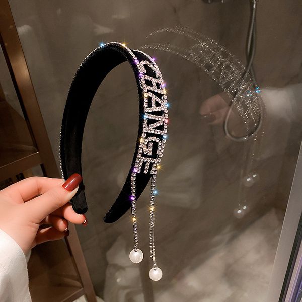 

diamond inlaid letter pearl tassel cloth band temperament cool wind fairy accessories go out to press hair headdress, Golden;silver