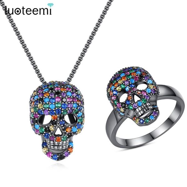 

earrings & necklace luoteemi fashion skull ring sets for women hip hop black cubic zirconia crystal pendants wholesale drop, Silver