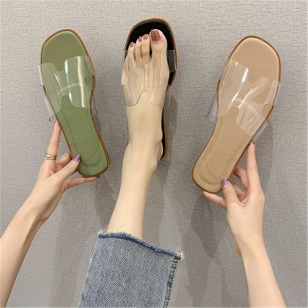 

summer women's shoes one-character version transparent jelly slippers, flat head slippers, Black