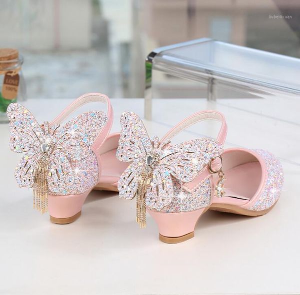 

sandals princess kids leather shoes for girls glitter butterfly knot dress banquet party children high heel shoe1, Black;red