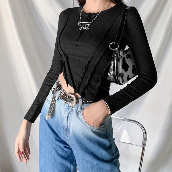 

women's t-shirt autumn and winter wear round neck long sleeve fashion wrinkle temperament slim body exposed navel style, White